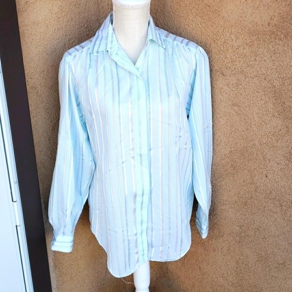 Vintage 70s Pastel foil striped button down high low blouse